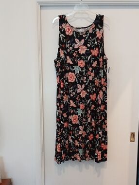 Old Navy Black Midi Dress with Pink and Coral Floral Print